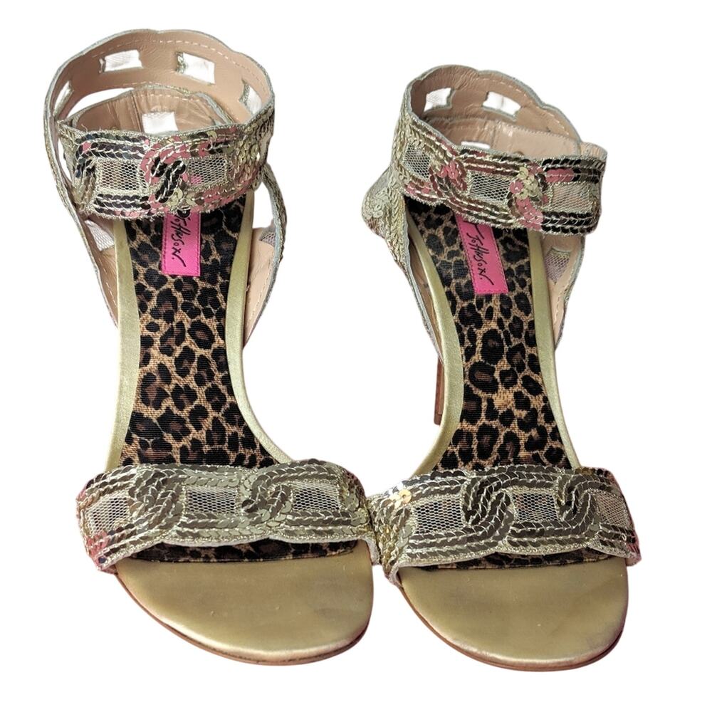 Betsey Johnson Gold Sequin Mesh Ankle Cuff Heels Leopard Print Footbed Size 10M